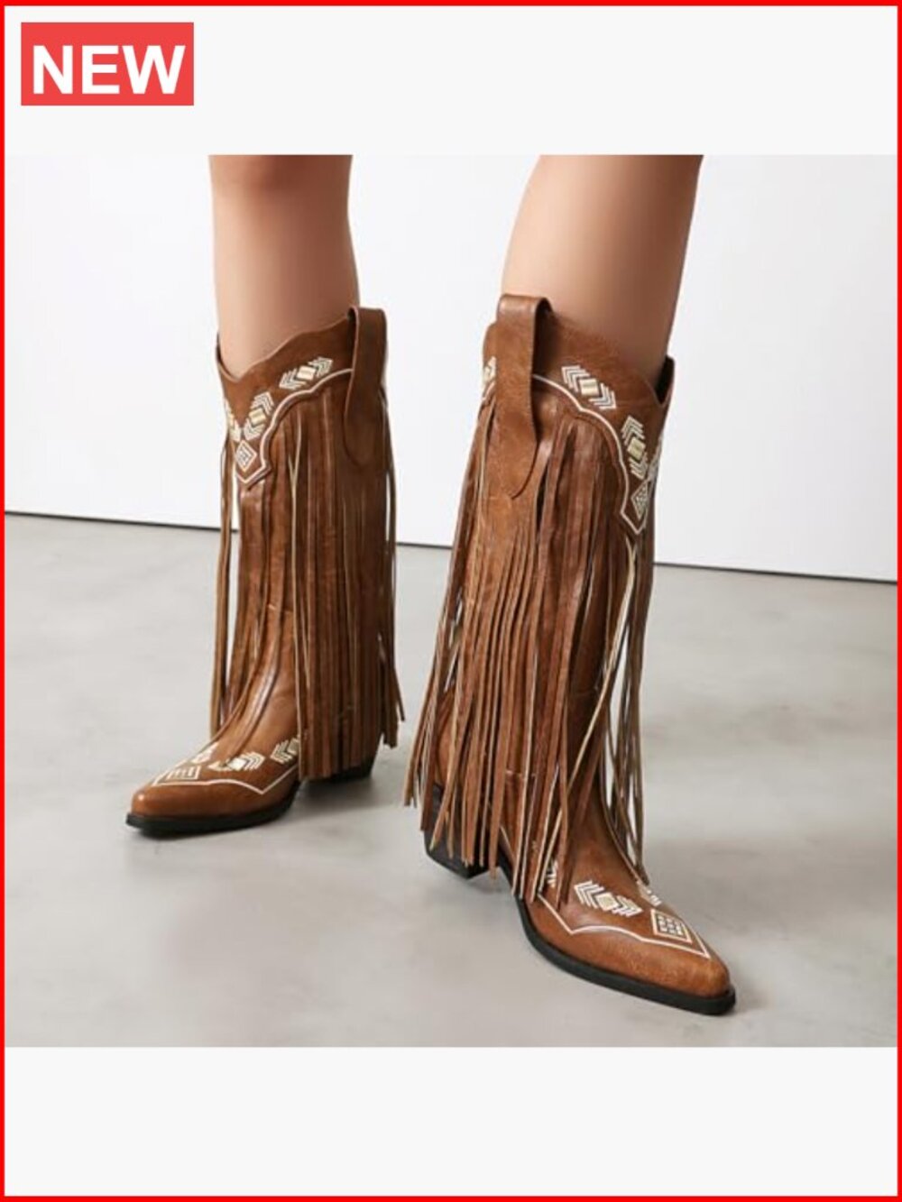 Embroidered Fringe Cowboy Boots, Mid Calf Pull On Chunky Block Heel Pointed Toe - Picture 2 of 7